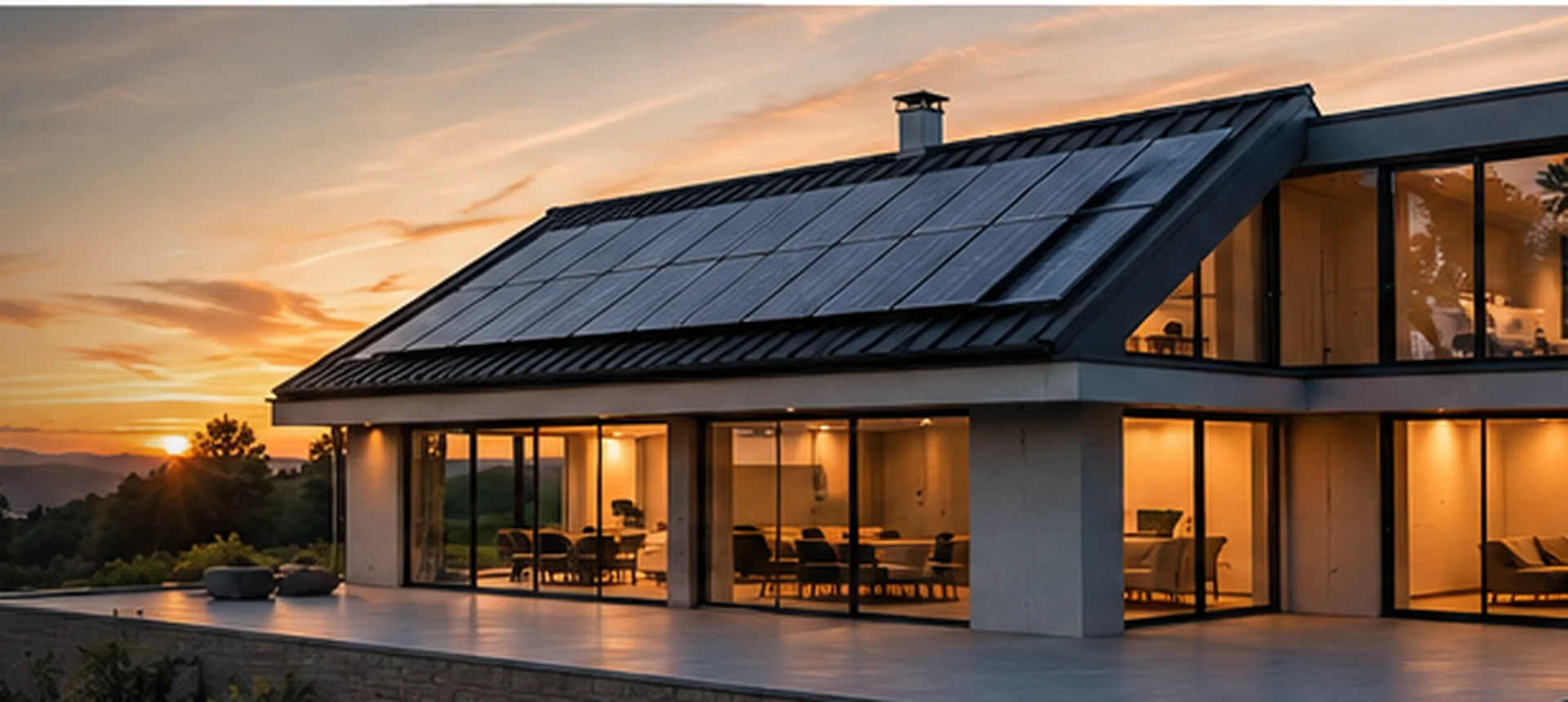 Vivienda contemporánea con instalación fotovoltaica integrada al atardecer